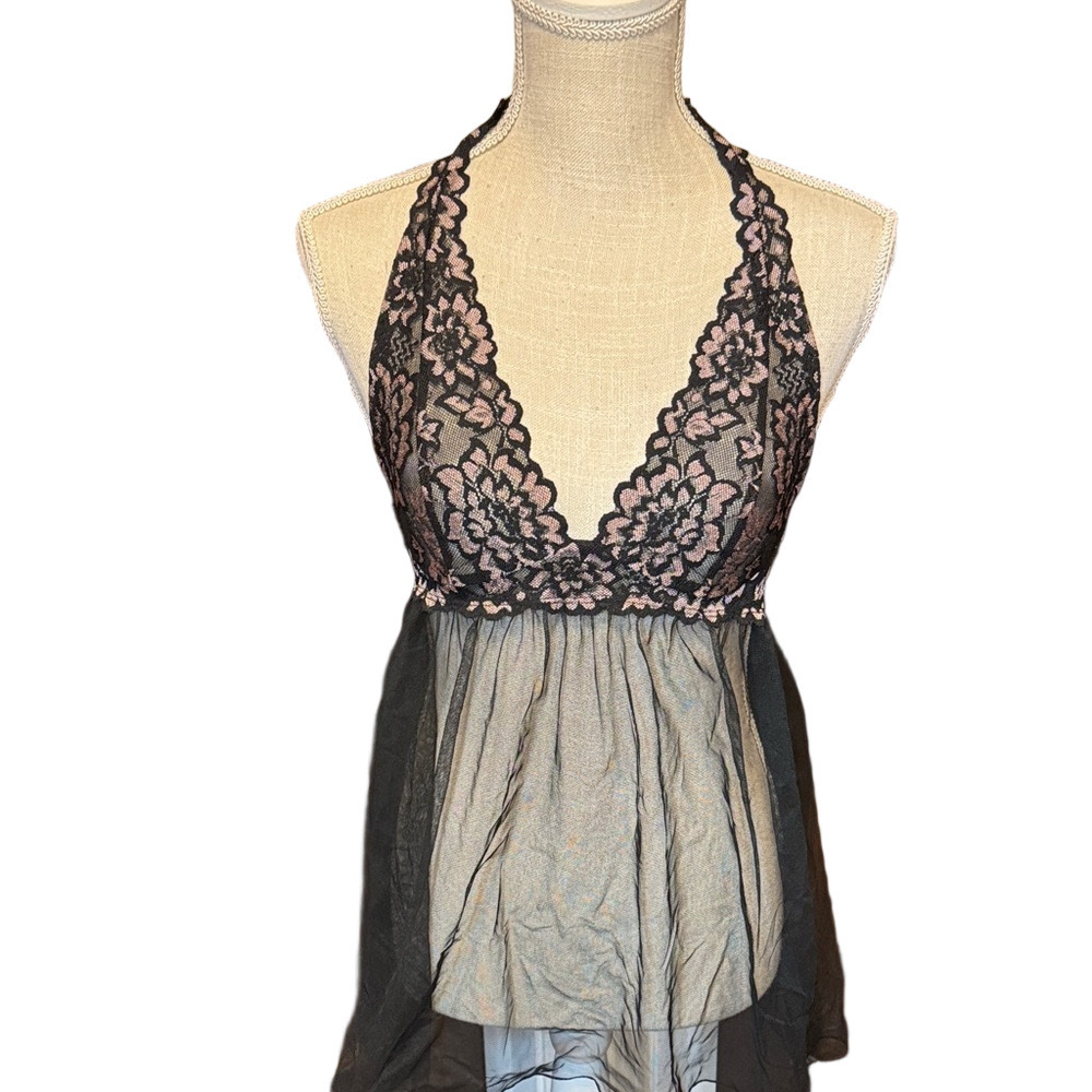 Victoria's Secret Black and Pink Lace Babydoll